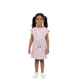 Girls' Cap-Sleeve Soft Knit Floral Drawstring Dress