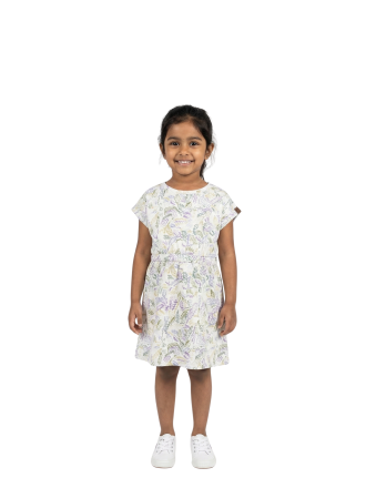 Girls' Cap-Sleeve Drawstring Dress - Abstract Leaf Print