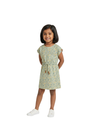 Girls' Cap-Sleeve Scroll Print Drawstring Knit Dress
