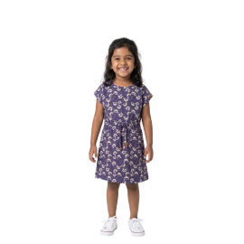 Girls' Cap-Sleeve Drawstring Knit Dress - Dark Floral Print