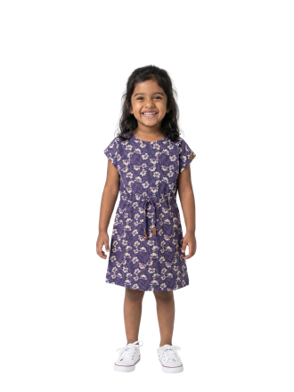 Girls' Cap-Sleeve Drawstring Knit Dress - Dark Floral Print