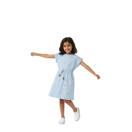 Girls' Cap-Sleeve Drawstring Dress - Rainbow & Cloud Print