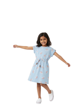 Girls' Cap-Sleeve Drawstring Dress - Rainbow & Cloud Print