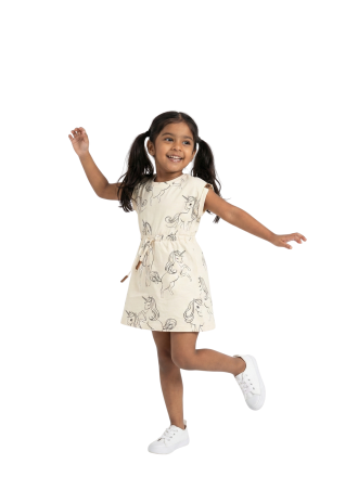 Girls' Cap-Sleeve Drawstring Dress - Unicorn Sketch Print