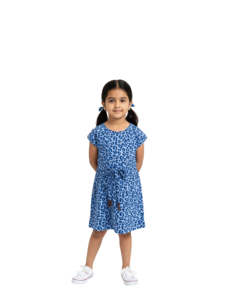 Girls Cap Sleeve Top with Waist Tie - Blue Leopard Print