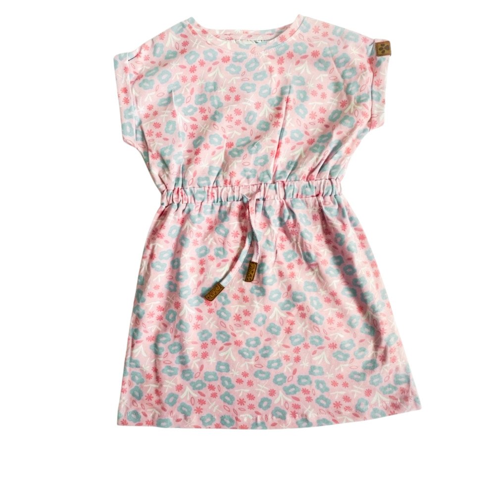Girls' Cap-Sleeve Soft Knit Floral Drawstring Dress