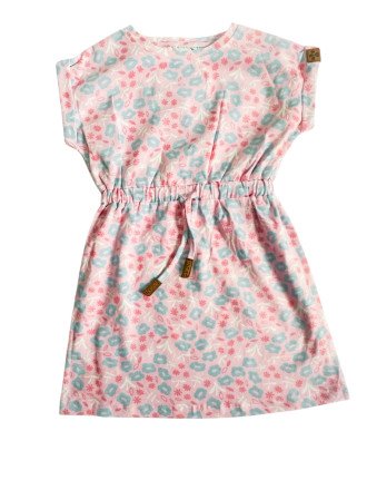 Girls' Cap-Sleeve Soft Knit Floral Drawstring Dress