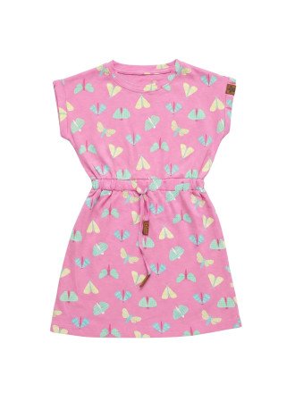Girls' Cap-Sleeve Drawstring Dress - Butterfly Print