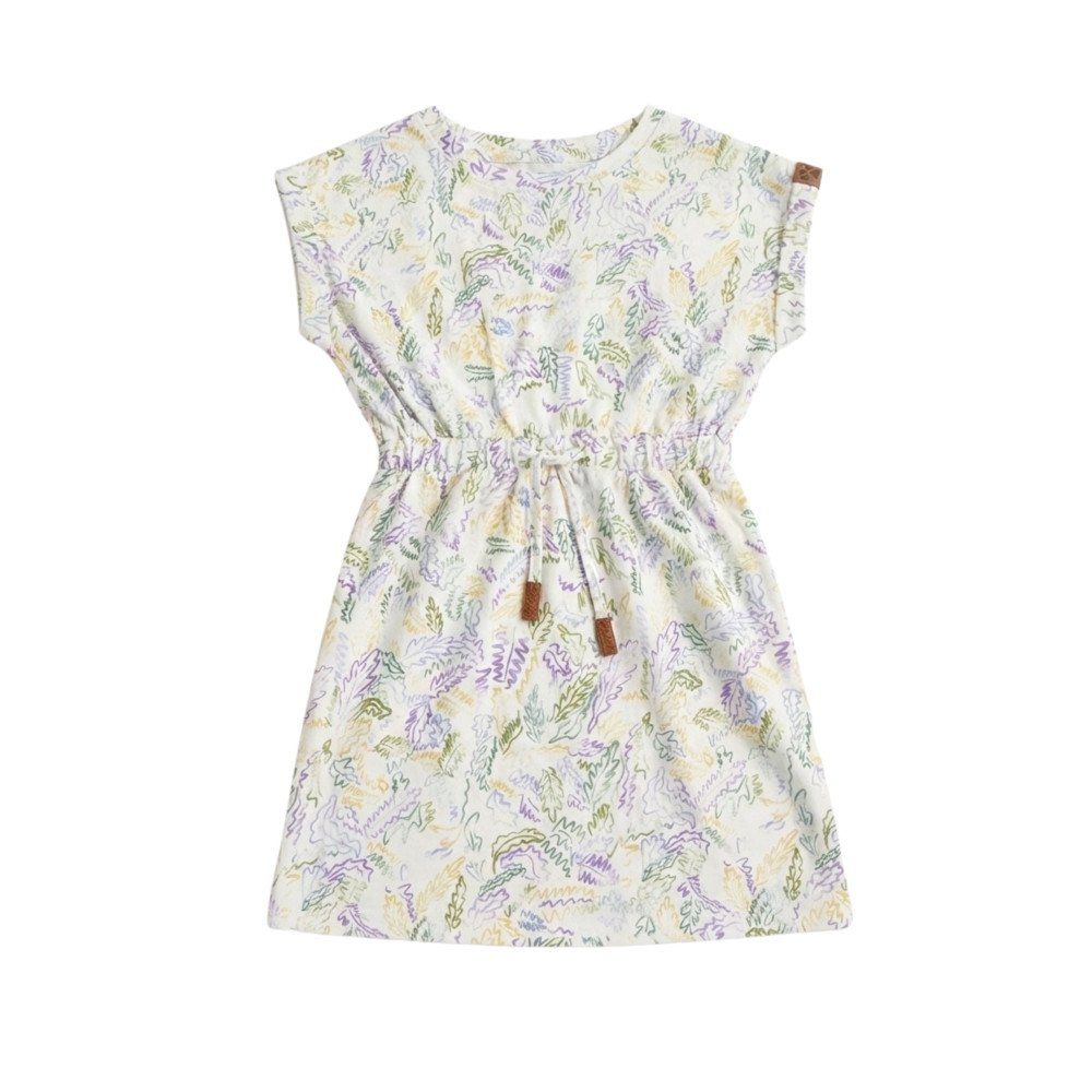 Girls' Cap-Sleeve Drawstring Dress - Abstract Leaf Print