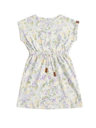 Girls' Cap-Sleeve Drawstring Dress - Abstract Leaf Print