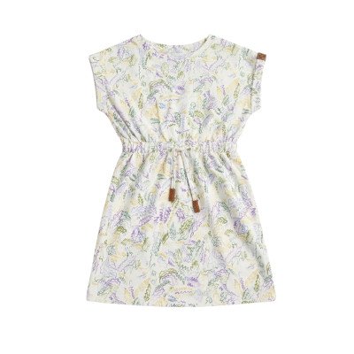 Girls' Cap-Sleeve Drawstring Dress - Abstract Leaf Print