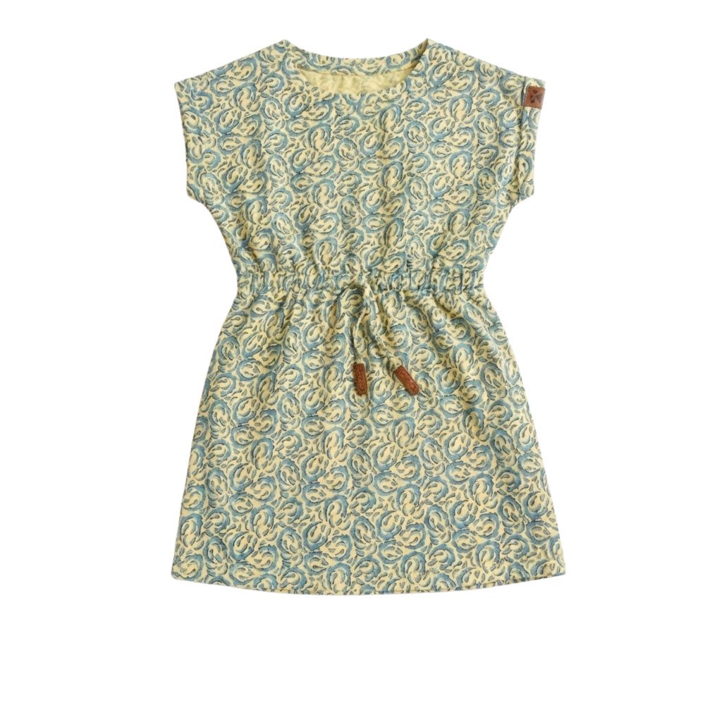 Girls' Cap-Sleeve Scroll Print Drawstring Knit Dress