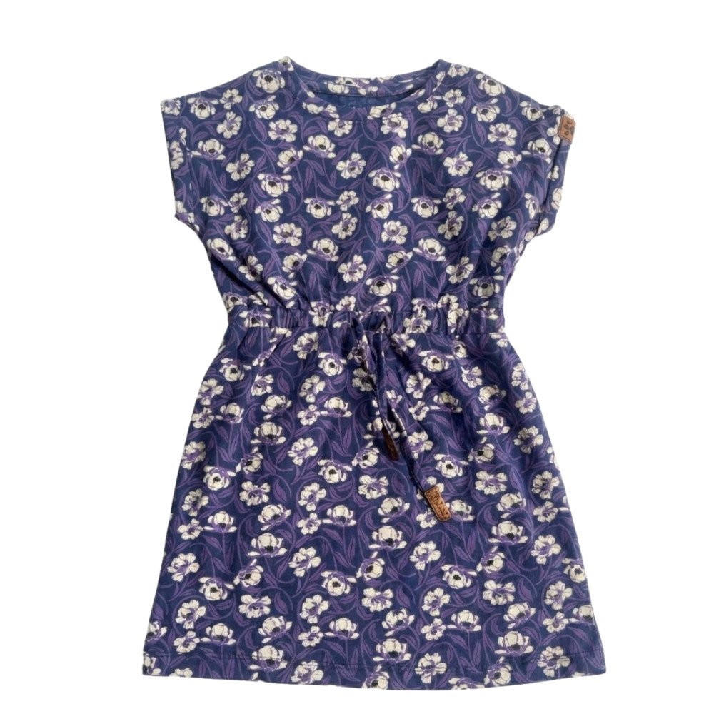 Girls' Cap-Sleeve Drawstring Knit Dress - Dark Floral Print