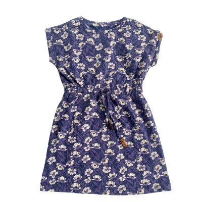 Girls' Cap-Sleeve Drawstring Knit Dress - Dark Floral Print