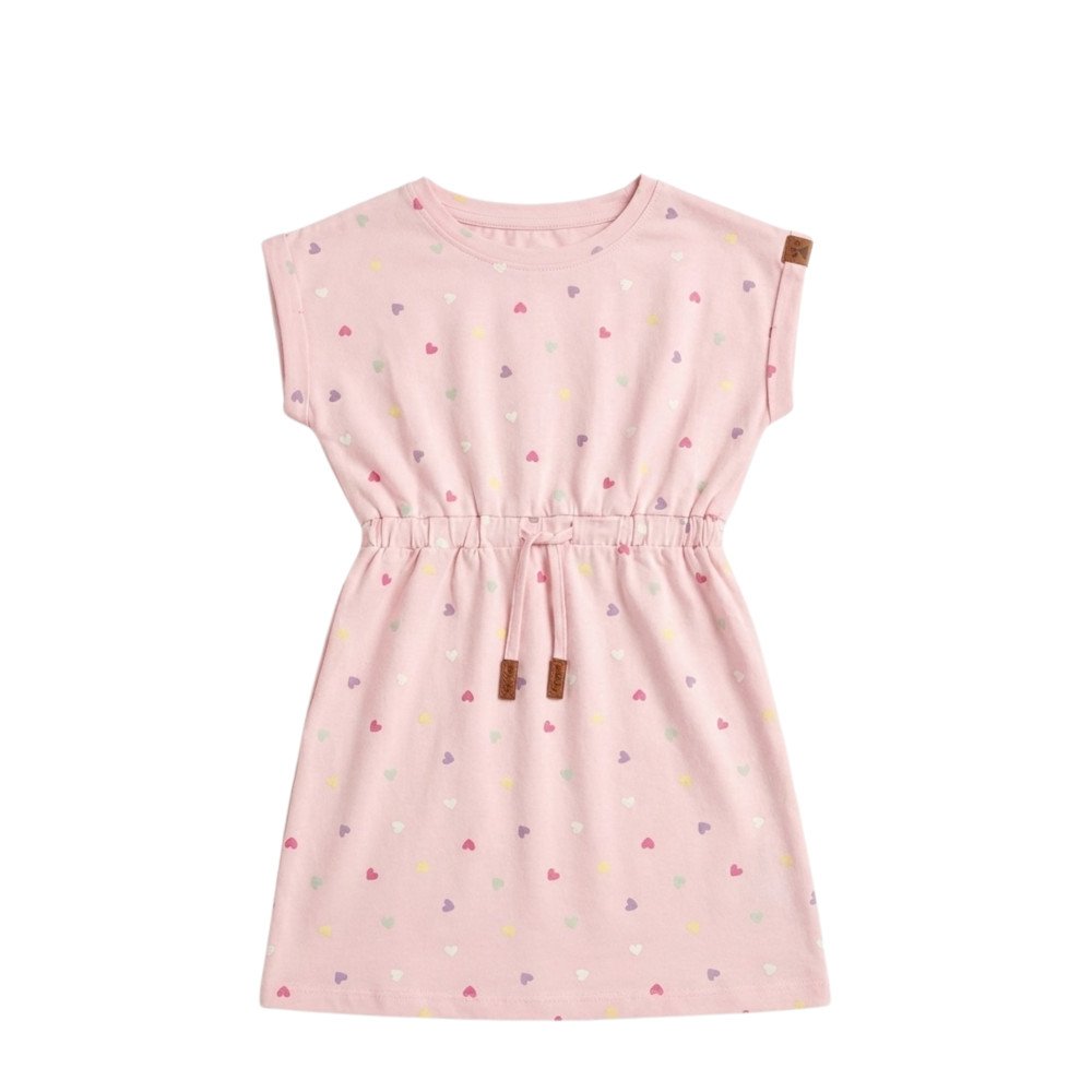 Girls' Cap-Sleeve Multi-Color Heart Print Drawstring Dress