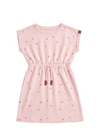 Girls' Cap-Sleeve Multi-Color Heart Print Drawstring Dress