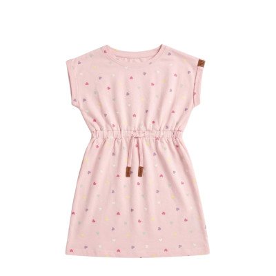 Girls' Cap-Sleeve Multi-Color Heart Print Drawstring Dress