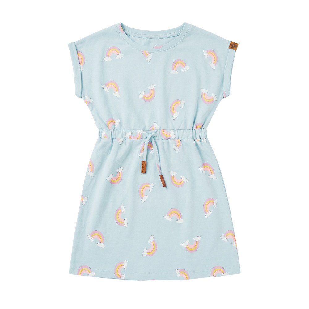 Girls' Cap-Sleeve Drawstring Dress - Rainbow & Cloud Print