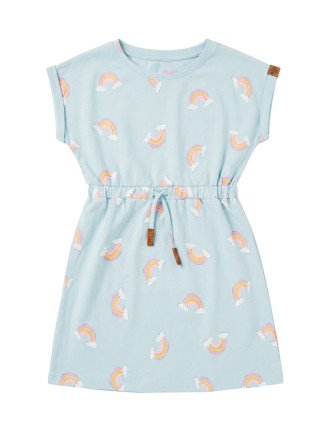Girls' Cap-Sleeve Drawstring Dress - Rainbow & Cloud Print