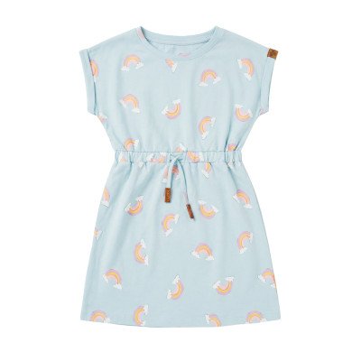 Girls' Cap-Sleeve Drawstring Dress - Rainbow & Cloud Print
