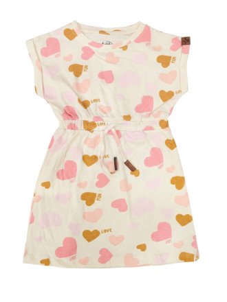 Girls' Cap-Sleeve Drawstring Dress -  Bold Heart Print
