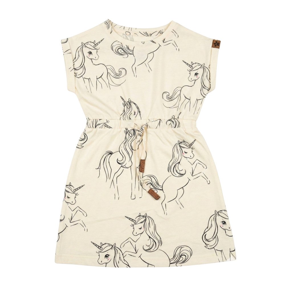 Girls' Cap-Sleeve Drawstring Dress - Unicorn Sketch Print