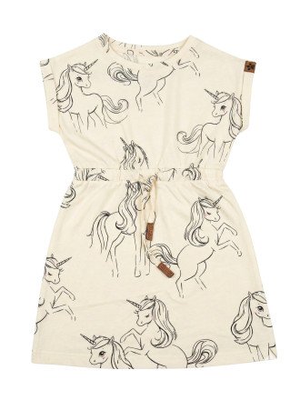 Girls' Cap-Sleeve Drawstring Dress - Unicorn Sketch Print