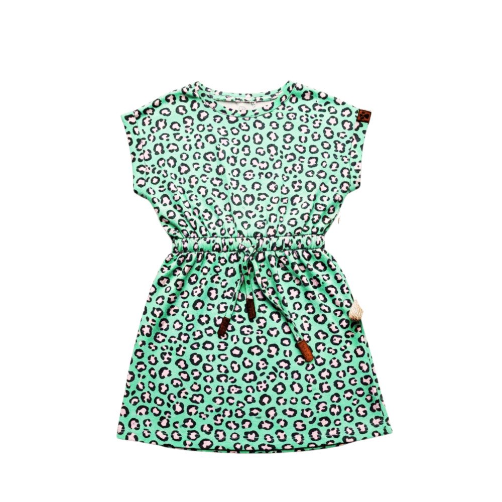 Girls' Cap-Sleeve Drawstring Dress - Mint Leopard Print