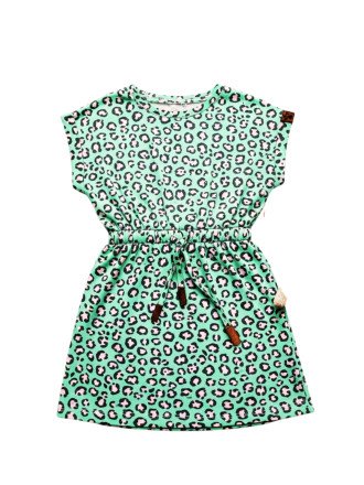 Girls' Cap-Sleeve Drawstring Dress - Mint Leopard Print