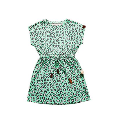 Girls' Cap-Sleeve Drawstring Dress - Mint Leopard Print