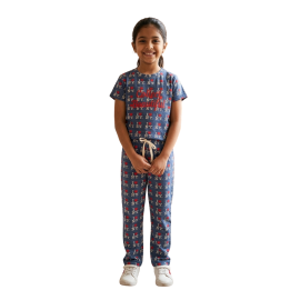 Navy Blue Printed Girls Coord Set