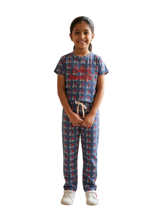 Navy Blue Printed Girls Coord Set