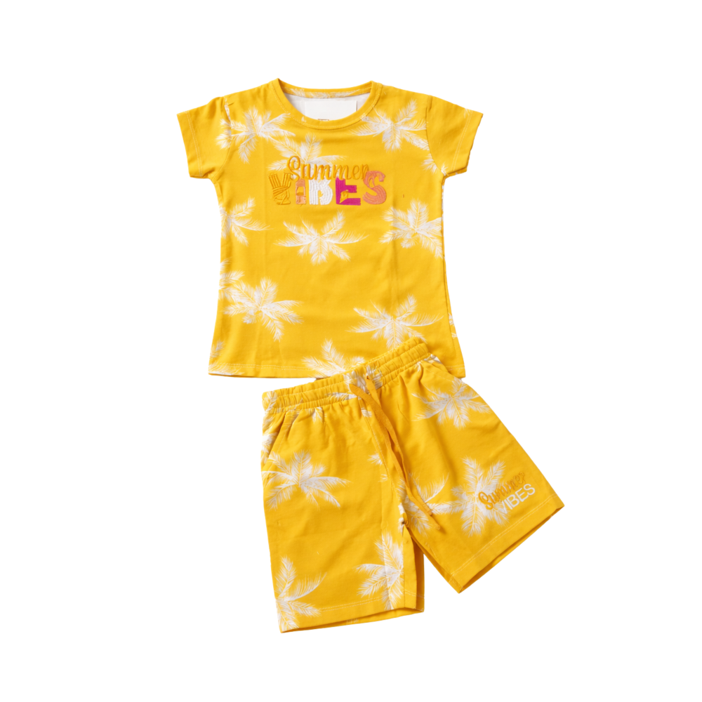 Girls' Yellow "Summer Vibes" Palm Tree T-Shirt and Shorts