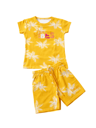 Girls' Yellow "Summer Vibes" Palm Tree T-Shirt and Shorts