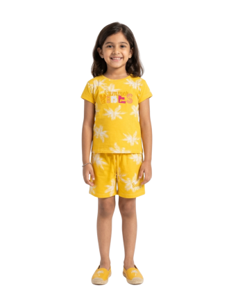 Girls' Yellow "Summer Vibes" Palm Tree T-Shirt and Shorts