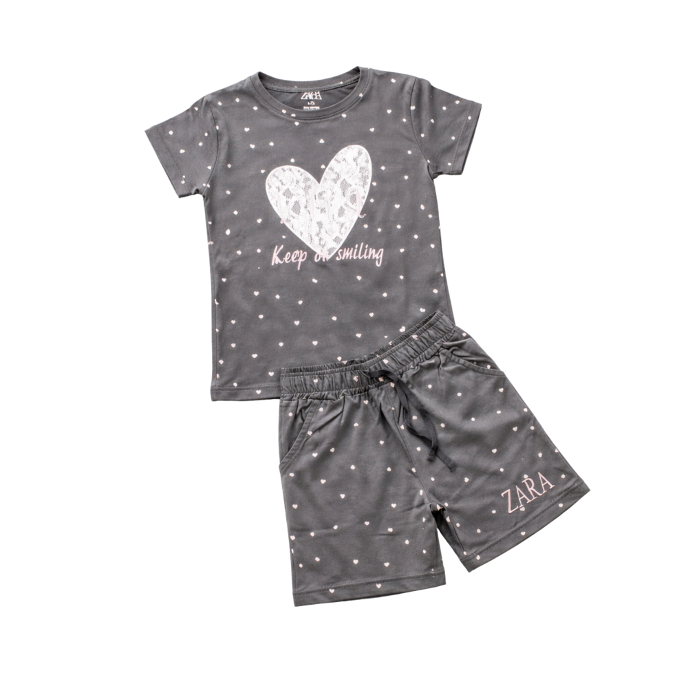 Girls' Charcoal Grey Heart Print T-Shirt and Shorts