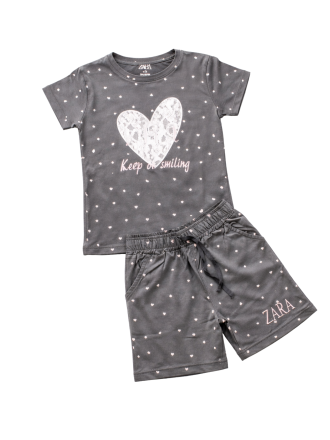 Girls' Charcoal Grey Heart Print T-Shirt and Shorts