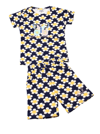 Girls' Navy Blue Daisy Print T-Shirt and Shorts