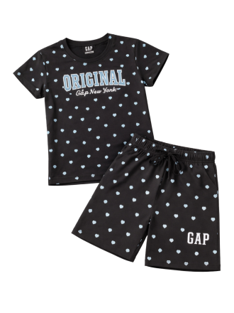 Girls' Black Heart Print T-Shirt and Shorts Athletic Coord Set