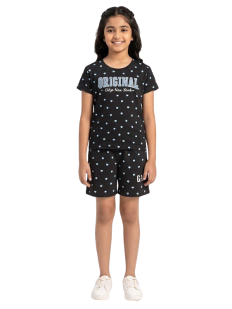 Girls' Black Heart Print T-Shirt and Shorts Athletic Coord Set