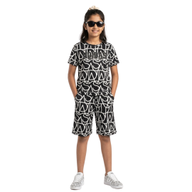 Girls' Black & White Monogram Print T-Shirt and Shorts