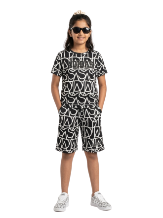 Girls' Black & White Monogram Print T-Shirt and Shorts