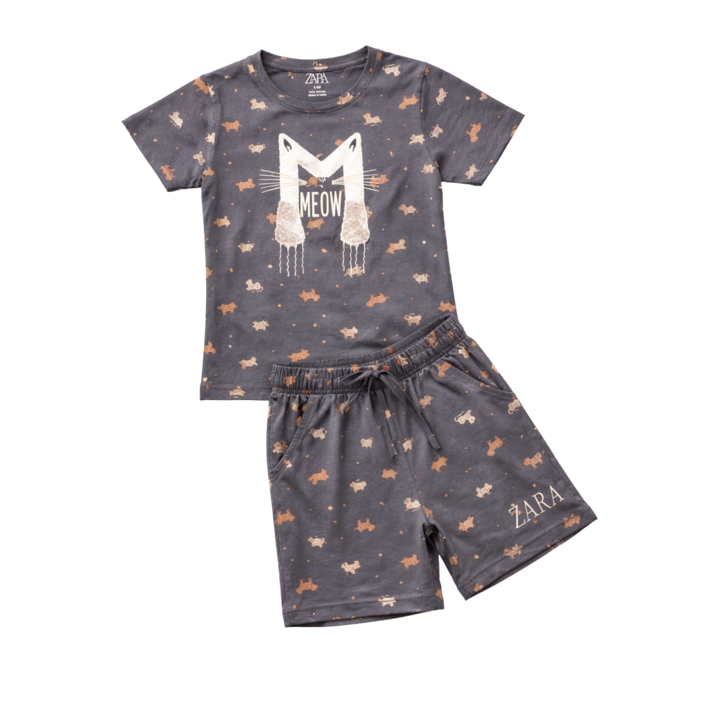 Girls' Charcoal Grey "Meow" Cat Print T-Shirt and Shorts
