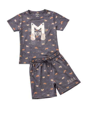 Girls' Charcoal Grey "Meow" Cat Print T-Shirt and Shorts