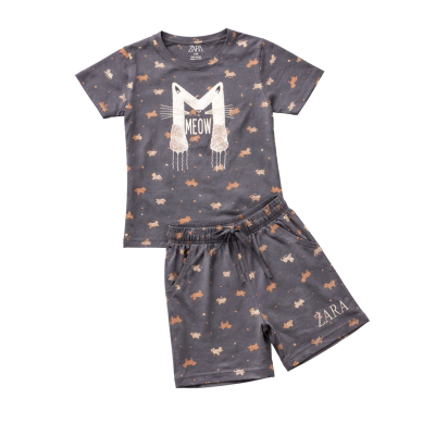 Girls' Charcoal Grey "Meow" Cat Print T-Shirt and Shorts