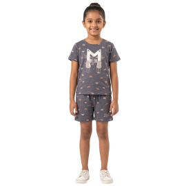 Girls' Charcoal Grey "Meow" Cat Print T-Shirt and Shorts