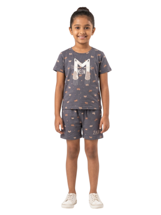 Girls' Charcoal Grey "Meow" Cat Print T-Shirt and Shorts