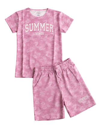 Girls' Pink Leaf Print T-Shirt and Shorts "Summer Vibes" Coord Set
