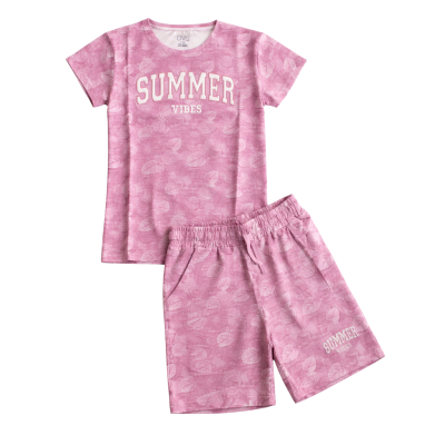 Girls' Pink Leaf Print T-Shirt and Shorts "Summer Vibes" Coord Set