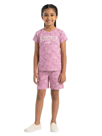 Girls' Pink Leaf Print T-Shirt and Shorts "Summer Vibes" Coord Set